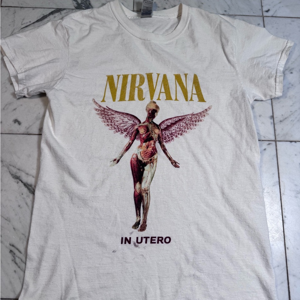 NIRVANA White Tee with Gold and Pink Graphic